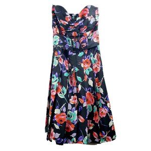 Express Women's Silk Dress Black Strapless Floral Belted Fit Flare Sz 6 NWOT